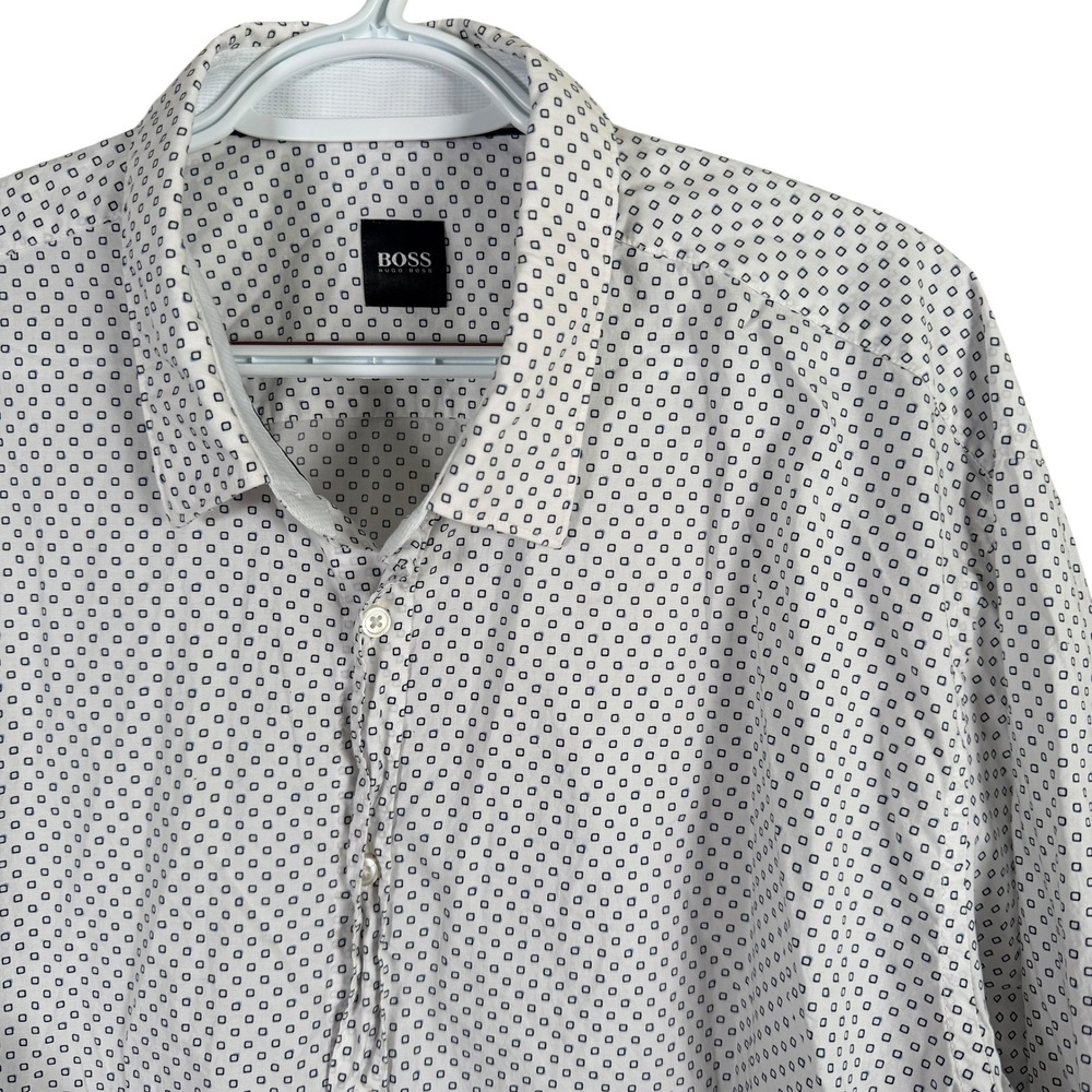 Hugo‎ Boss Button Down Shirt Mens 2XL White Geometric Print Long Sleeve